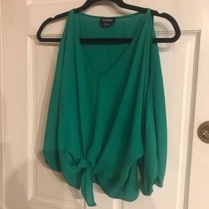 Bebe Kelly Green open shoulder tie blouse